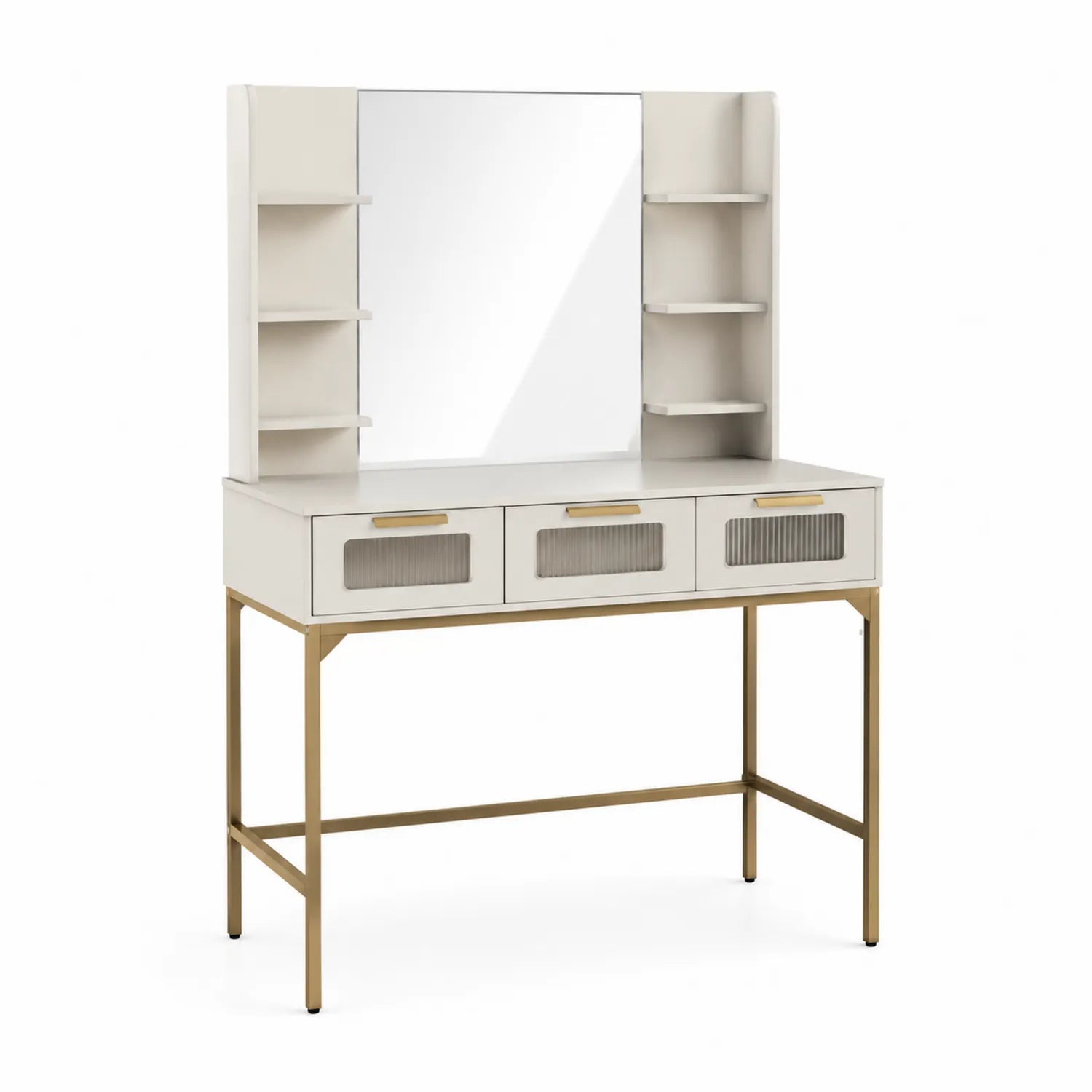 Coiffeuse rectangulaire avec miroir et étagères en MDF et métal