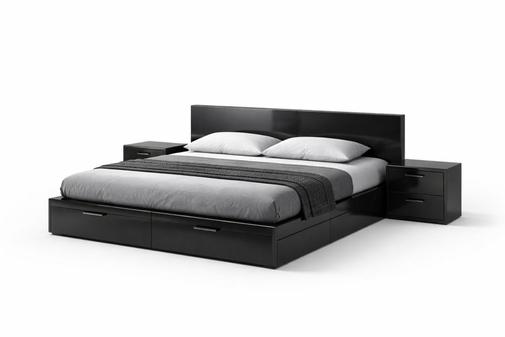 King Size Platform Bed with Storage Drawers and Headboard MDF Black
