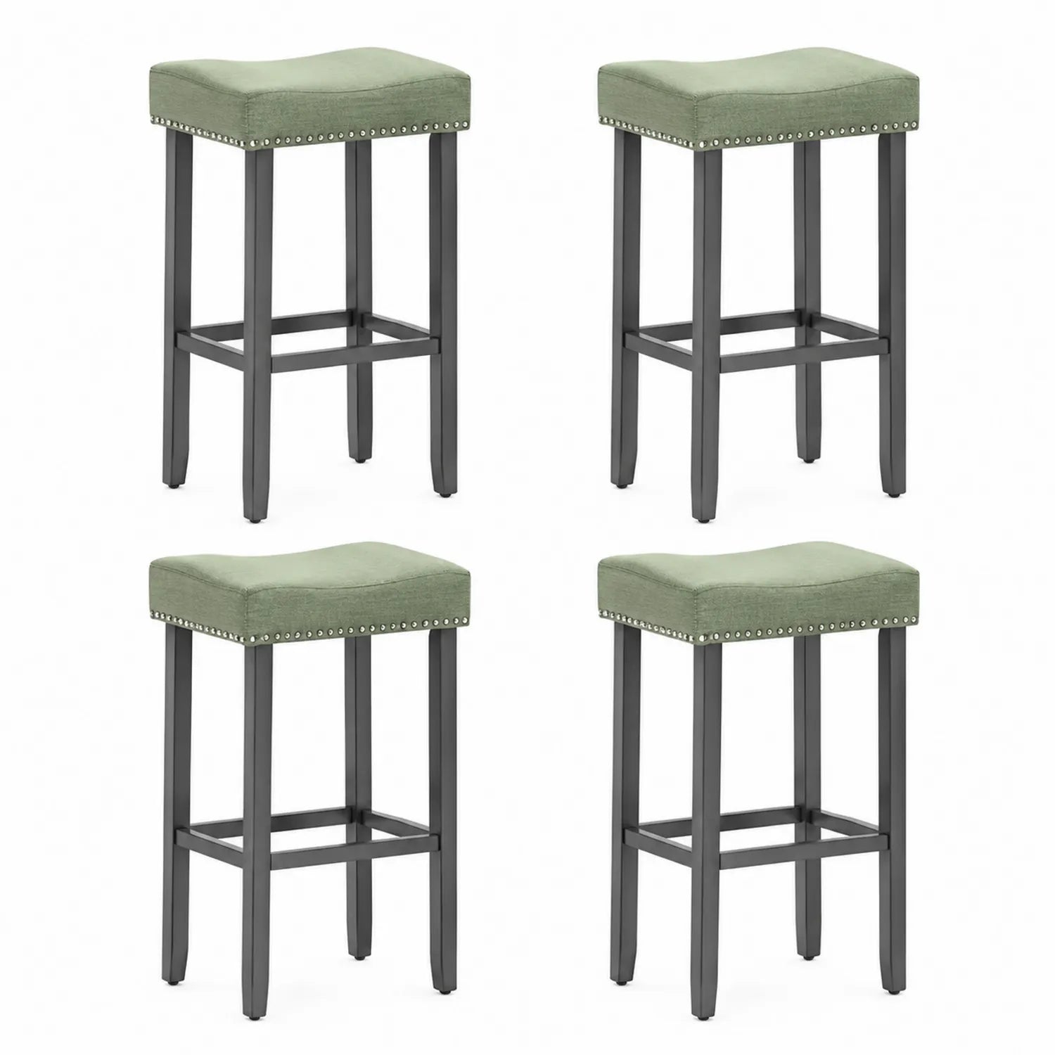 Ensemble de 4 tabourets de bar en bois et tissu, Vert, 75 cm
