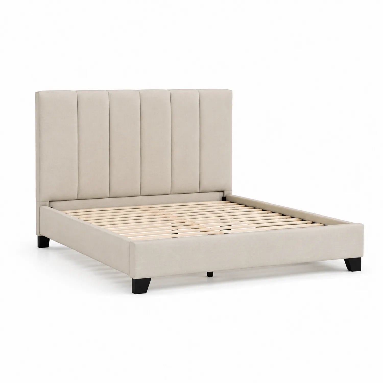 Lit en tissu beige avec pieds en bois 200x160 cm