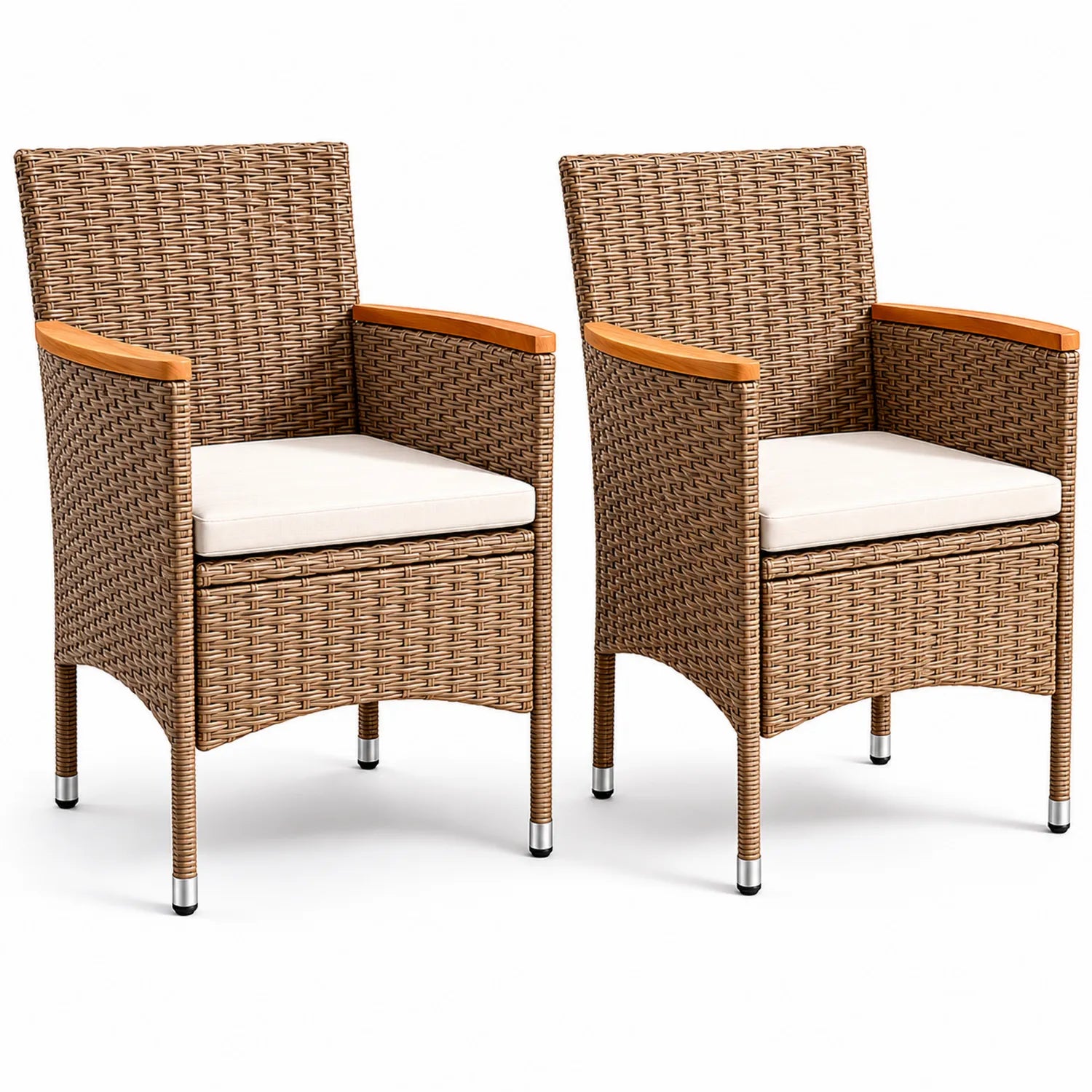 Lot de 2 chaises en rotin avec accoudoirs en bois et coussins beiges