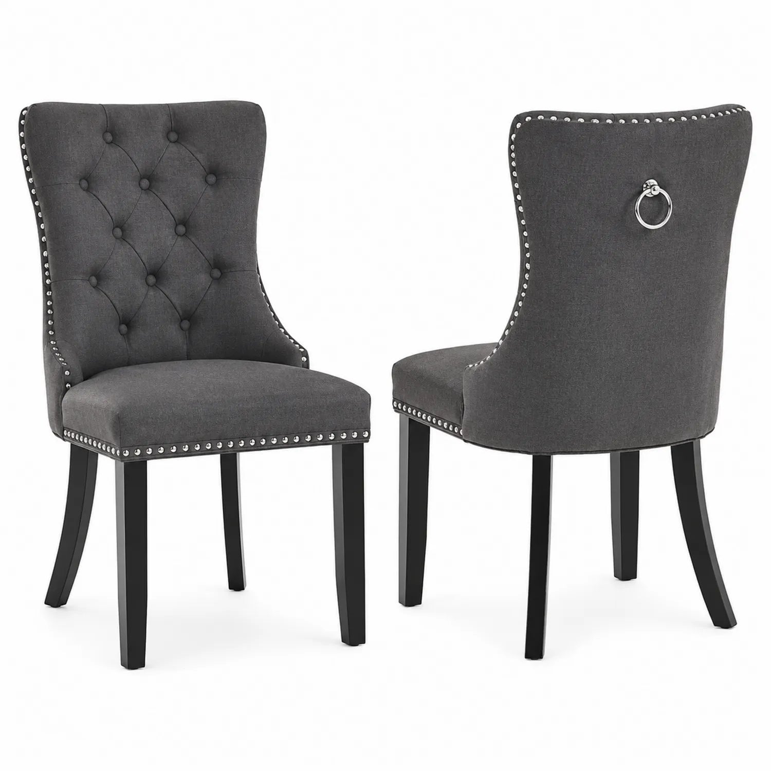 Chaise de salle à manger en tissu gris avec clous, ensemble de 2