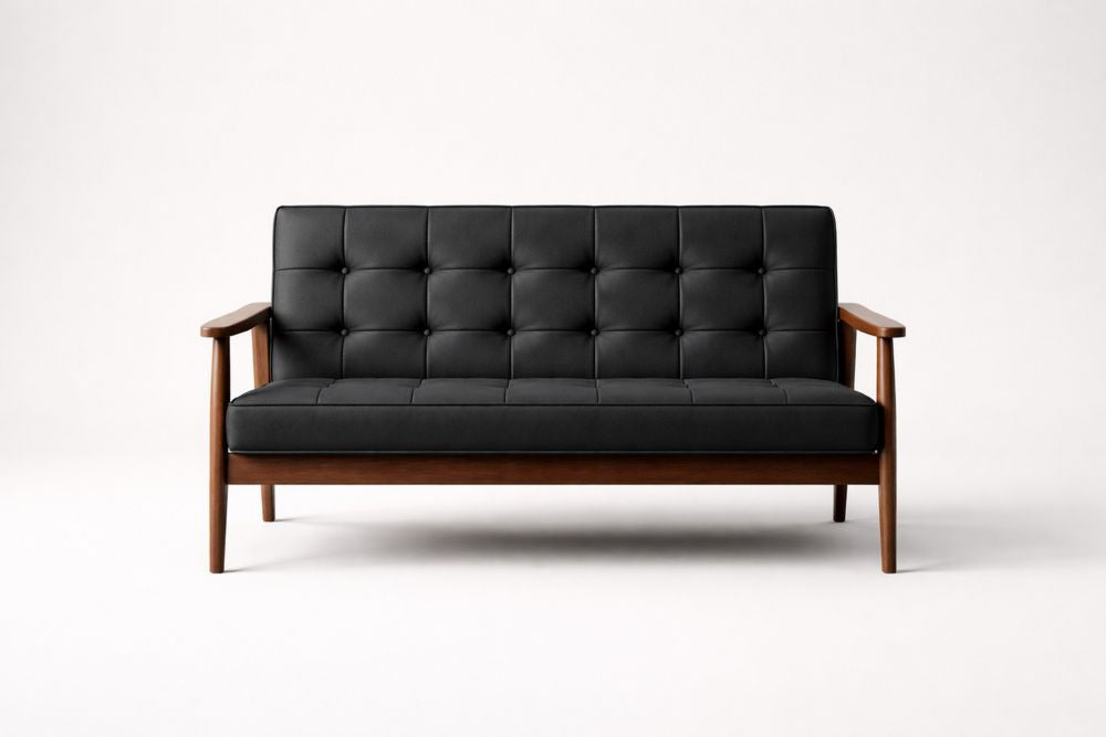 Wood Frame Sofa with Black Faux Leather Upholstery Length 146 cm x Width 80 cm x Height 85 cm