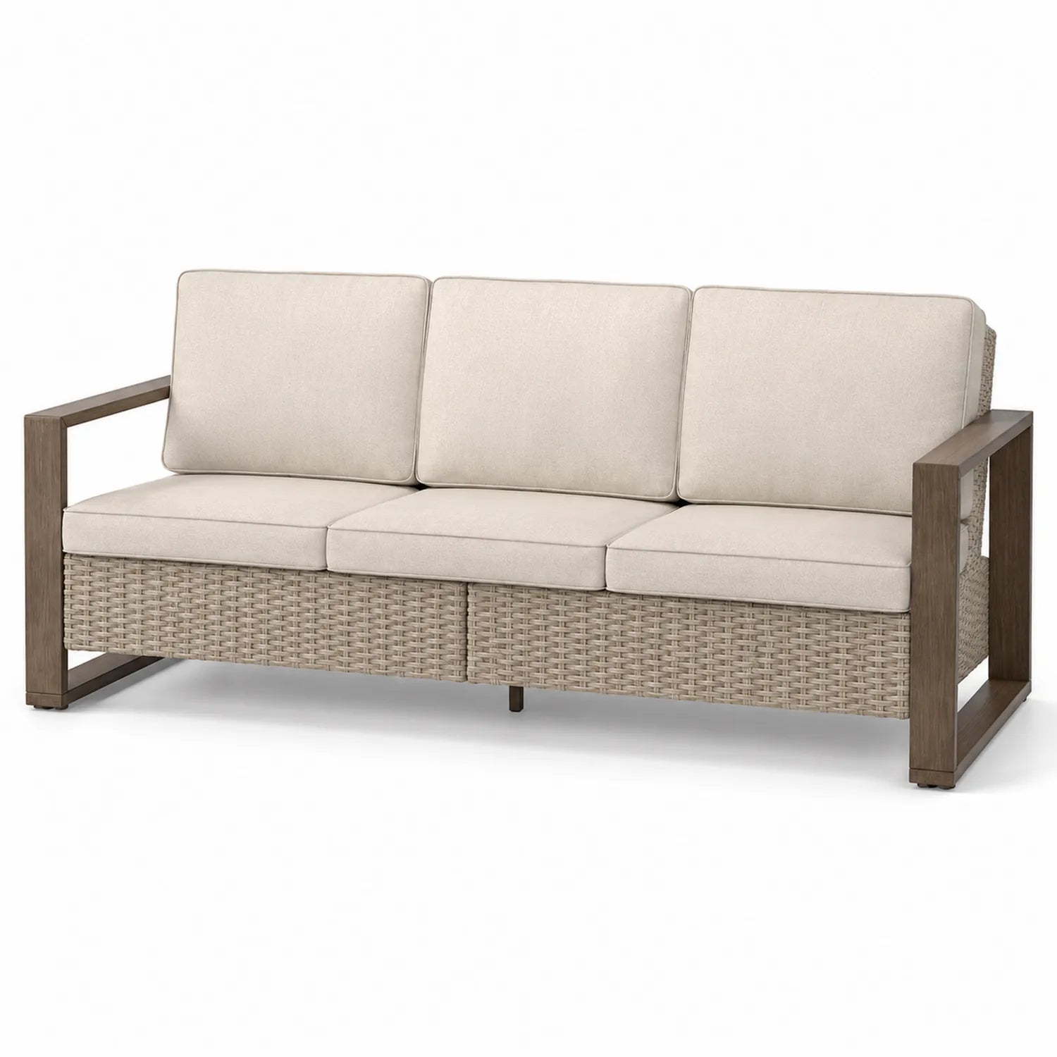 Canapé d'extérieur 3 places en bois et rotin tressé Beige