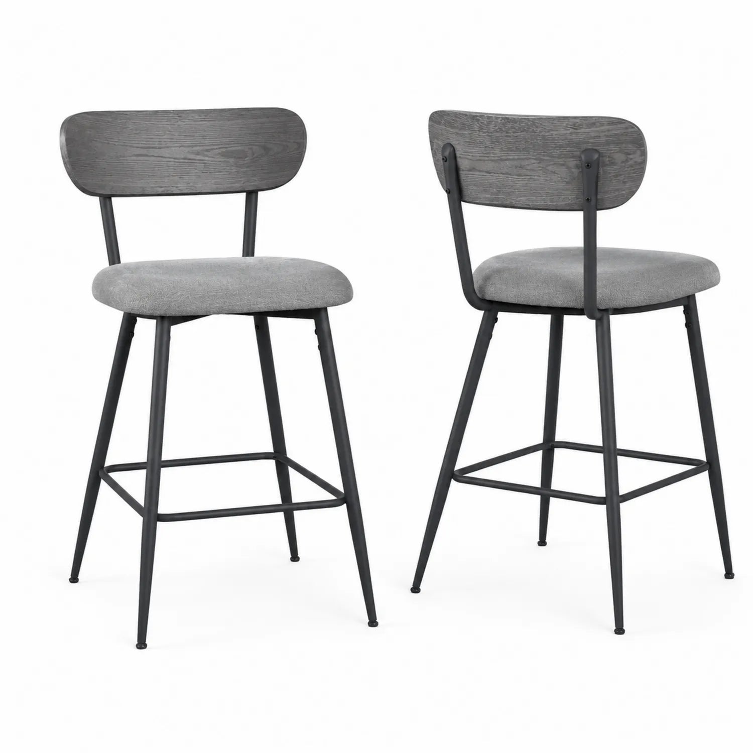 Ensemble de 2 tabourets de bar en métal, bois composite et tissu gris