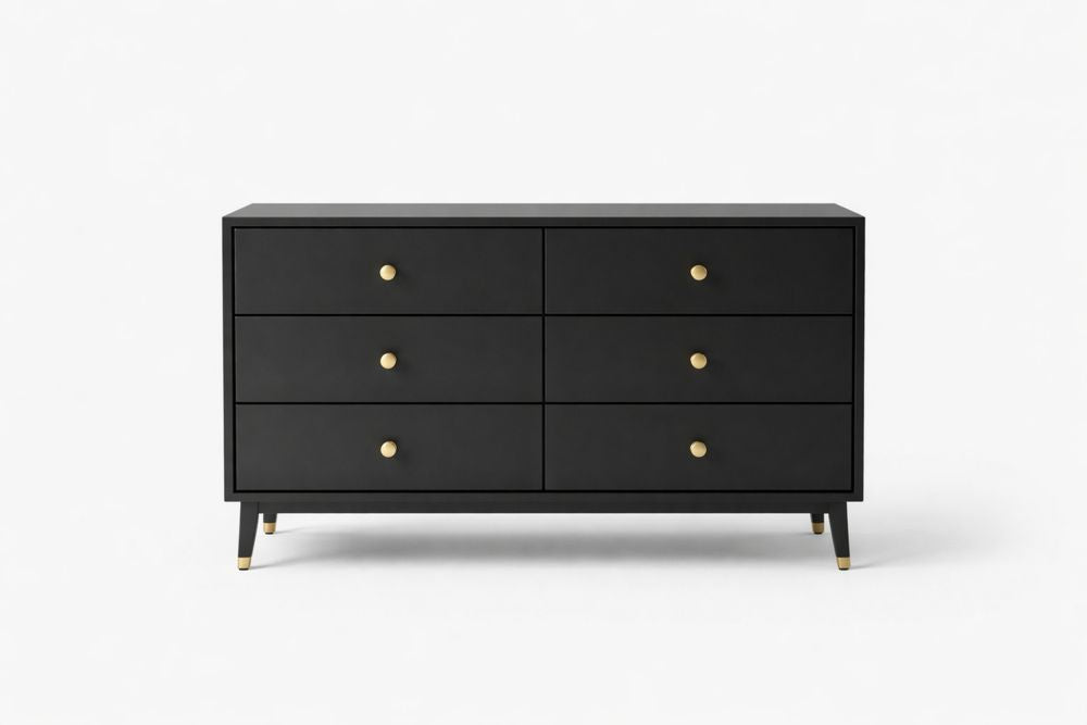 Black Wooden Dresser with Six Drawers and Gold Knobs