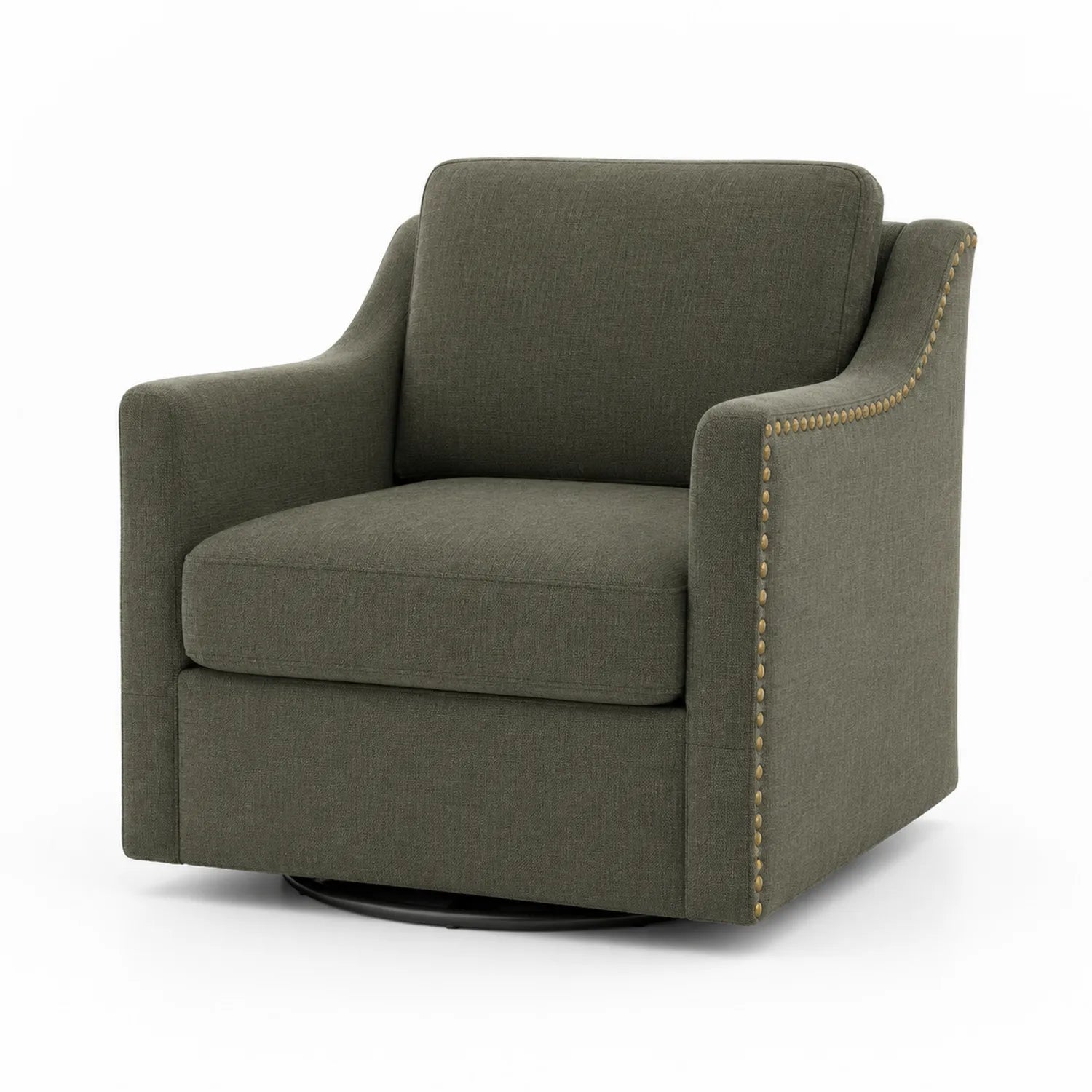 Fauteuil pivotant en tissu vert avec clous décoratifs