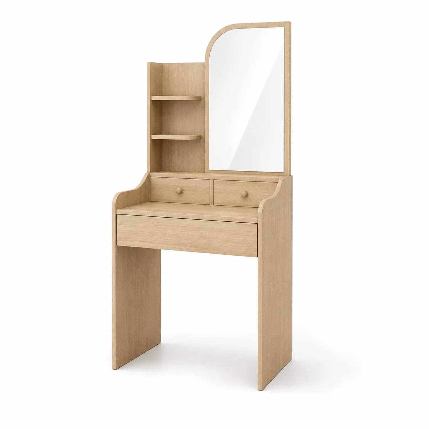 Coiffeuse en bois clair avec miroir et étagères