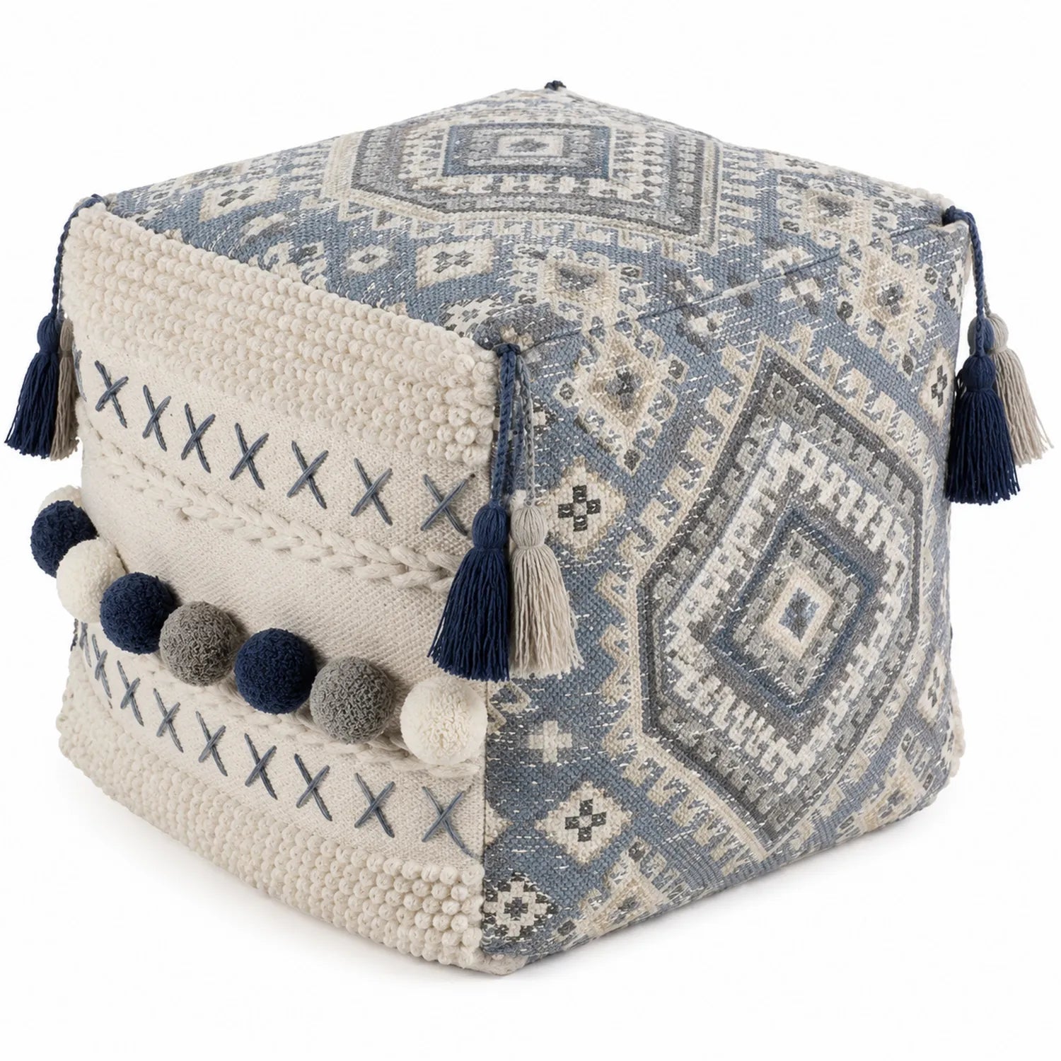 Pouf carré en coton à motifs géométriques 45x45x45 cm Bleu/Beige