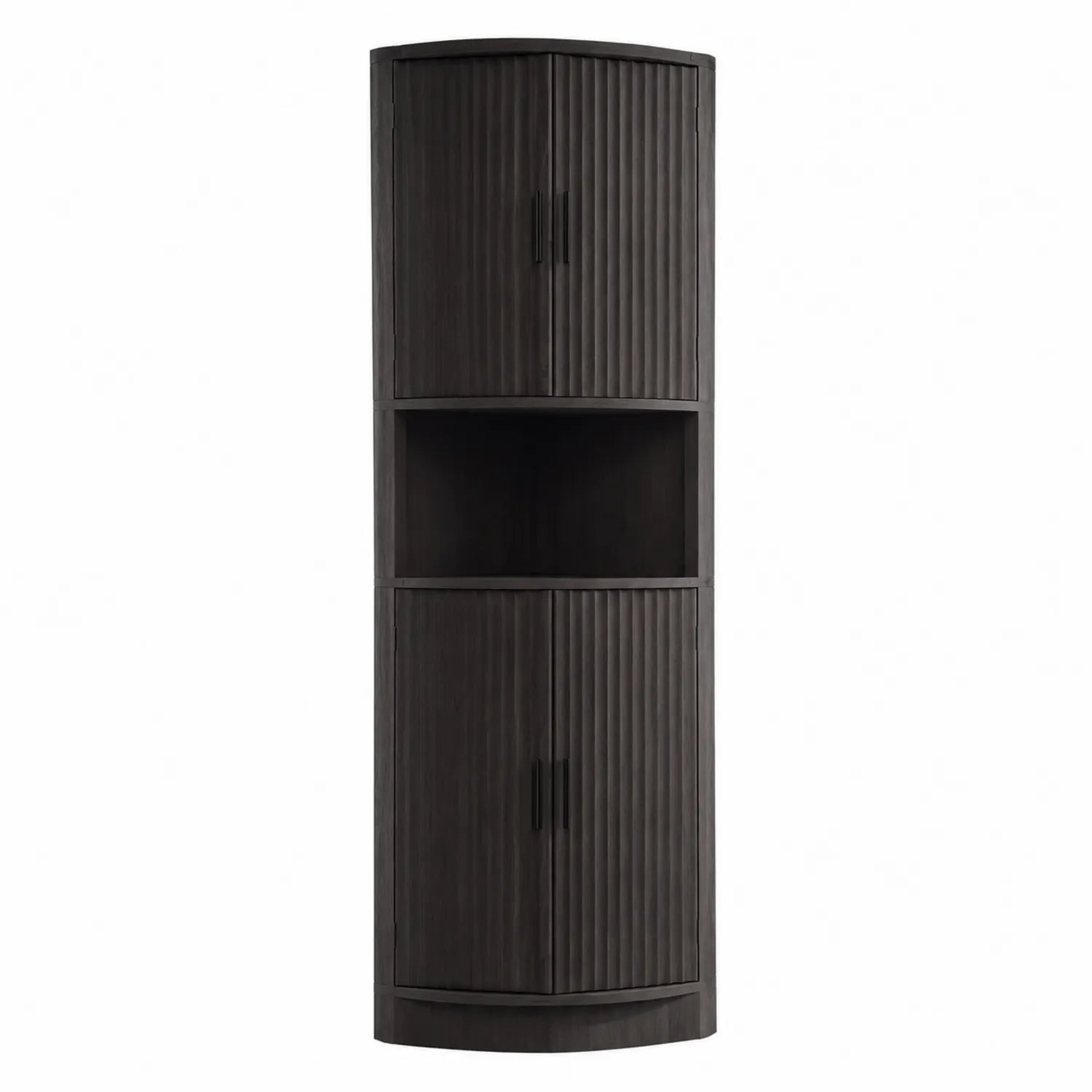 Armoire d'angle en bois noir avec portes doubles et étagère ouverte