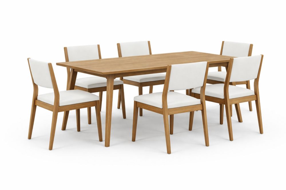 Solid Wood Dining Table Set with 6 Upholstered Chairs Natural/White