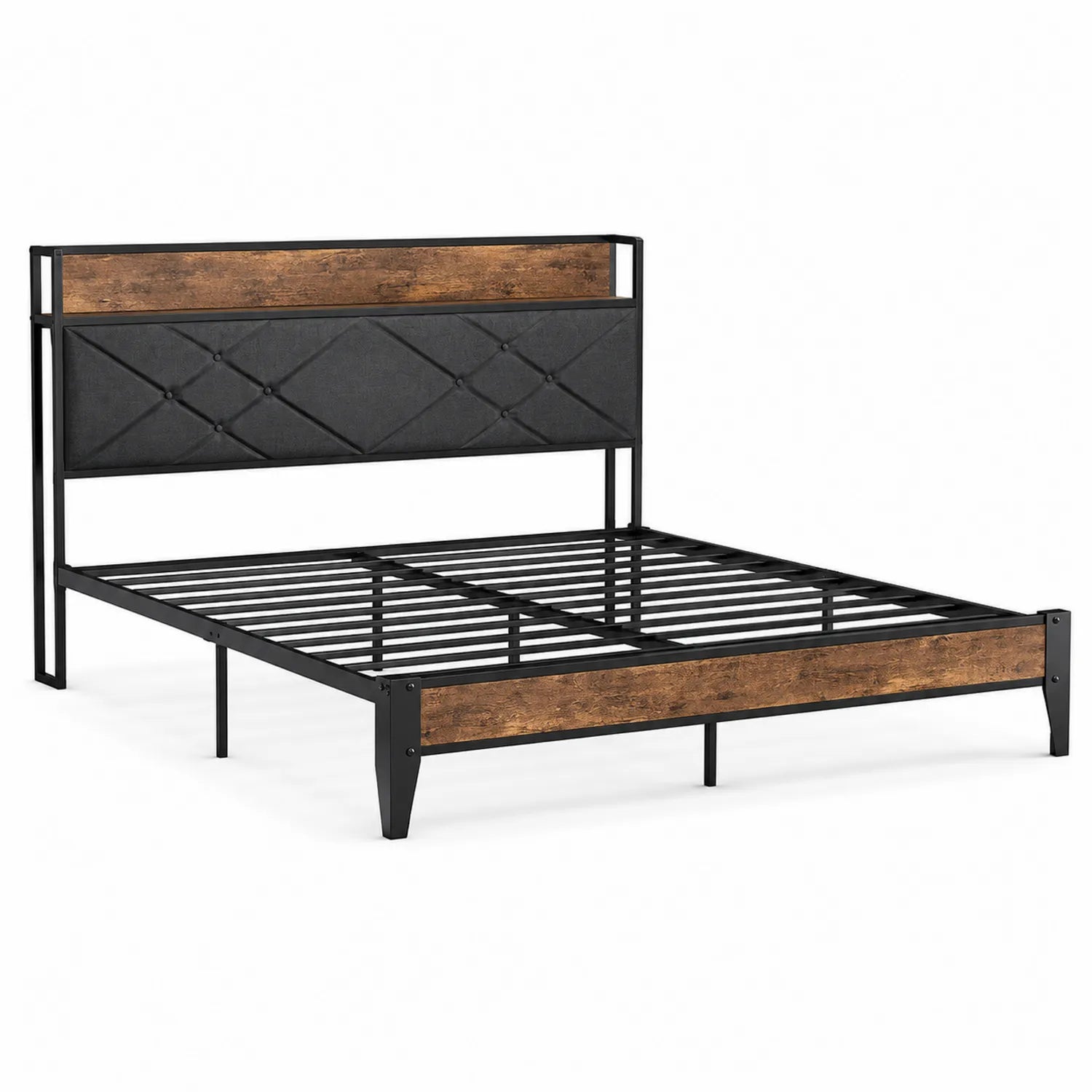 Lit double en métal et tissu 140x200 cm Noir/Bois