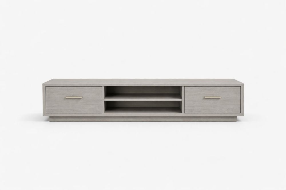 Grey Engineered Wood Media Console with Dual Drawers and Open Shelves