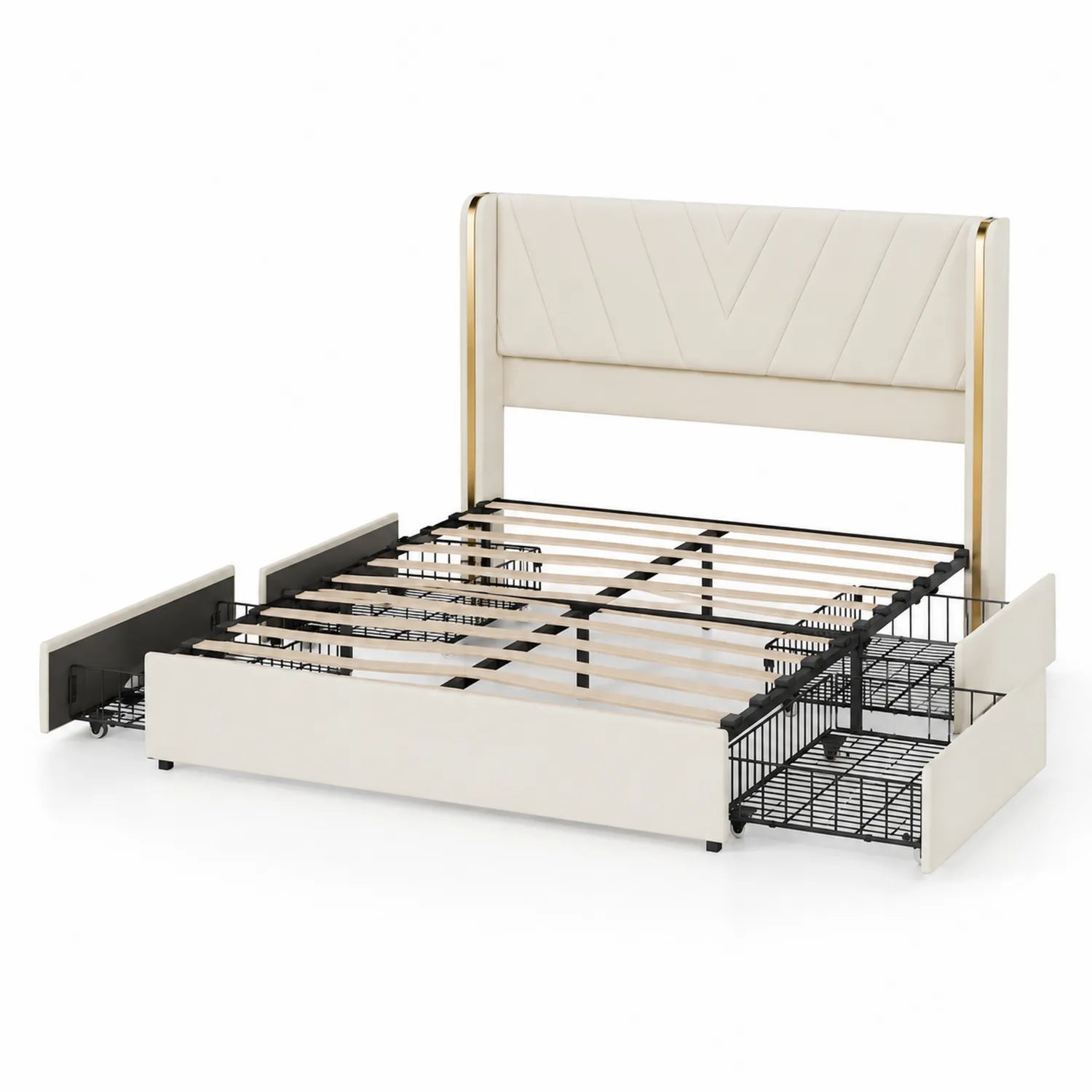 Lit double en métal et MDF avec tête rembourrée et tiroirs 160x200 cm, Beige