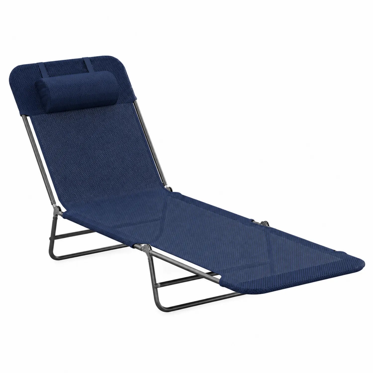 Chaise longue pliable en métal bleu avec coussin