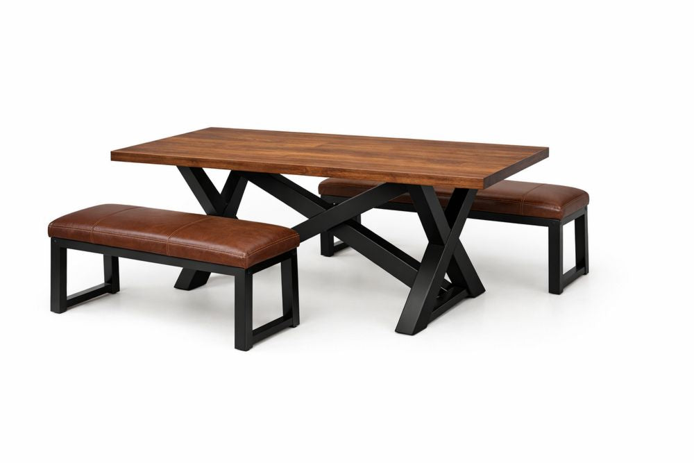 Solid Wood Dining Table Set with Faux Leather Benches