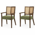 Chaises en bois et rotin avec assise en lin vert, lot de 2