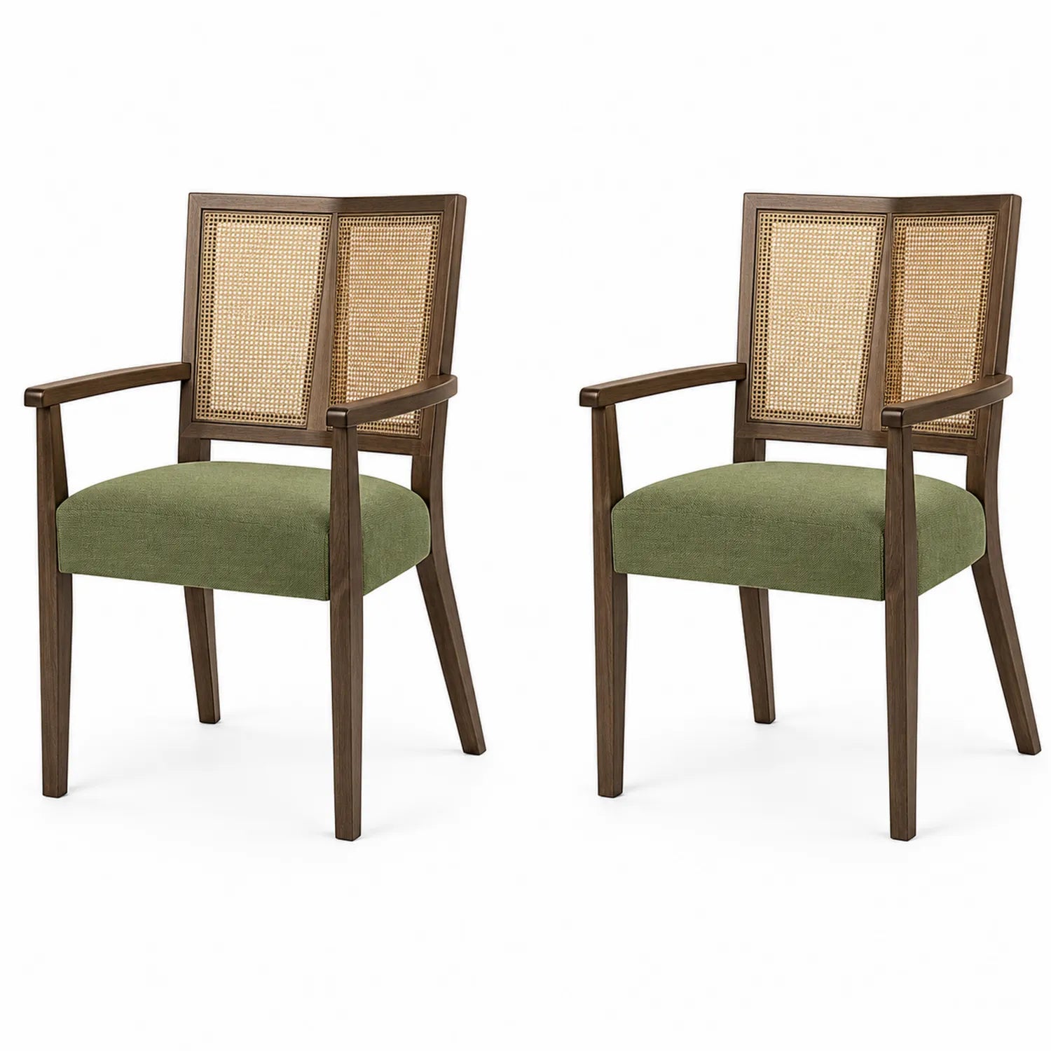 Chaises en bois et rotin avec assise en lin vert, lot de 2