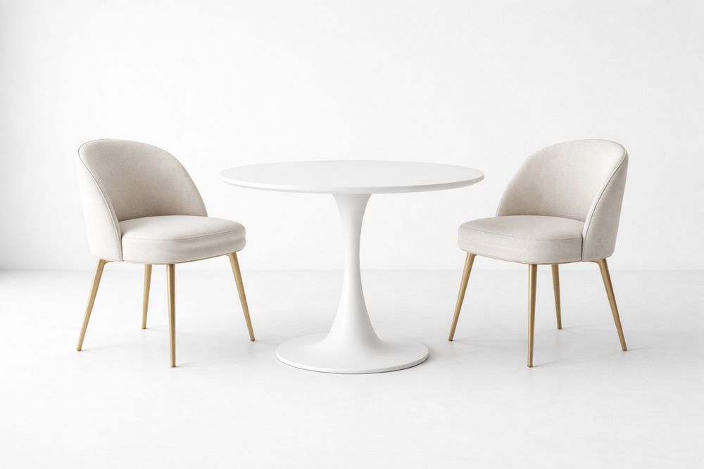 Dining Set with White Table and Beige Upholstered Chairs