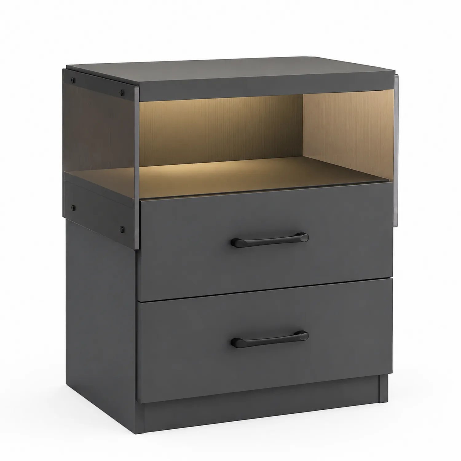 Table de chevet en métal noir avec tiroirs et éclairage