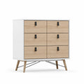 Commode 6 tiroirs en bois et métal Blanc et Chêne