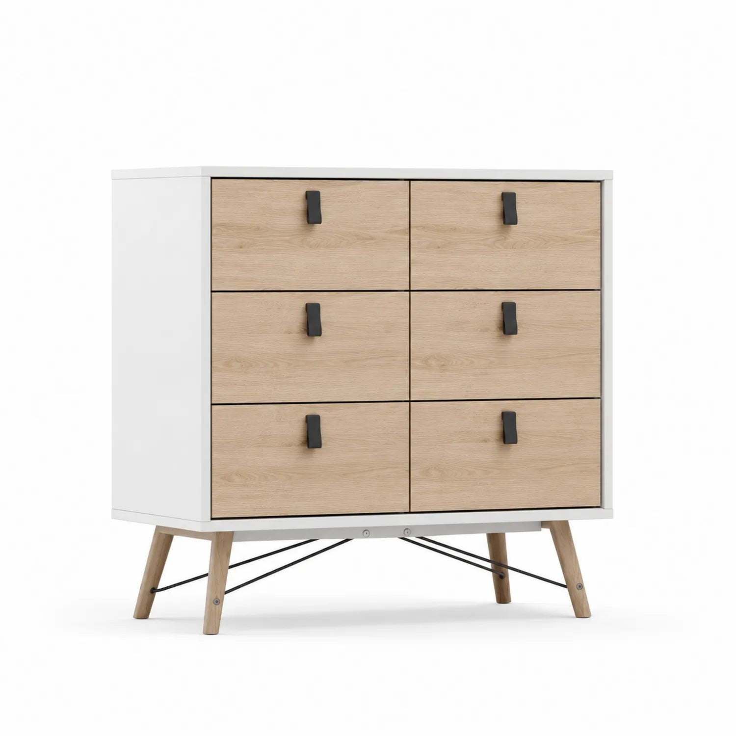 Commode 6 tiroirs en bois et métal Blanc et Chêne