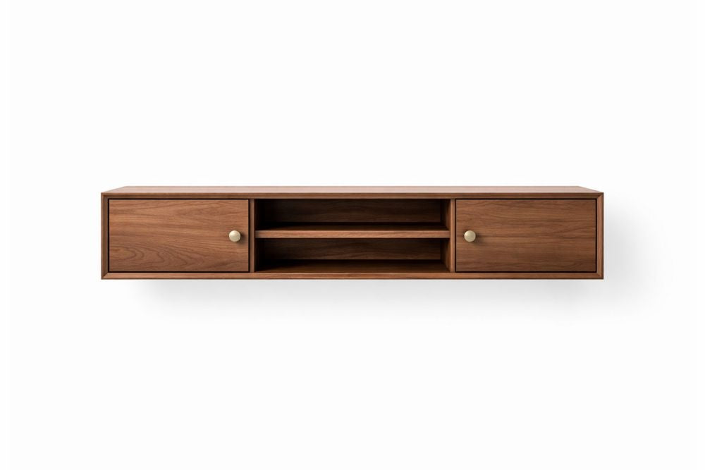 Wall Mounted Media Console with Two Cabinets and Open Shelves Walnut Veneer