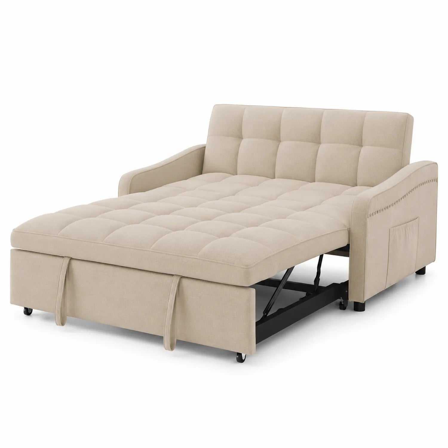 Sofá cama de tela beige con estructura metálica