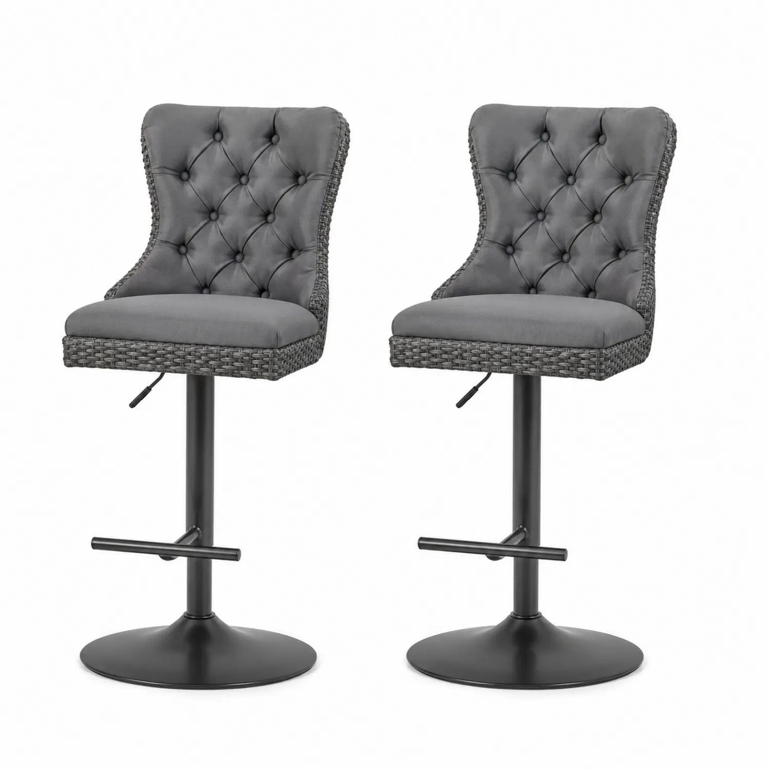 Lot de 2 tabourets de bar réglables en velours et rotin avec pied en acier Gris