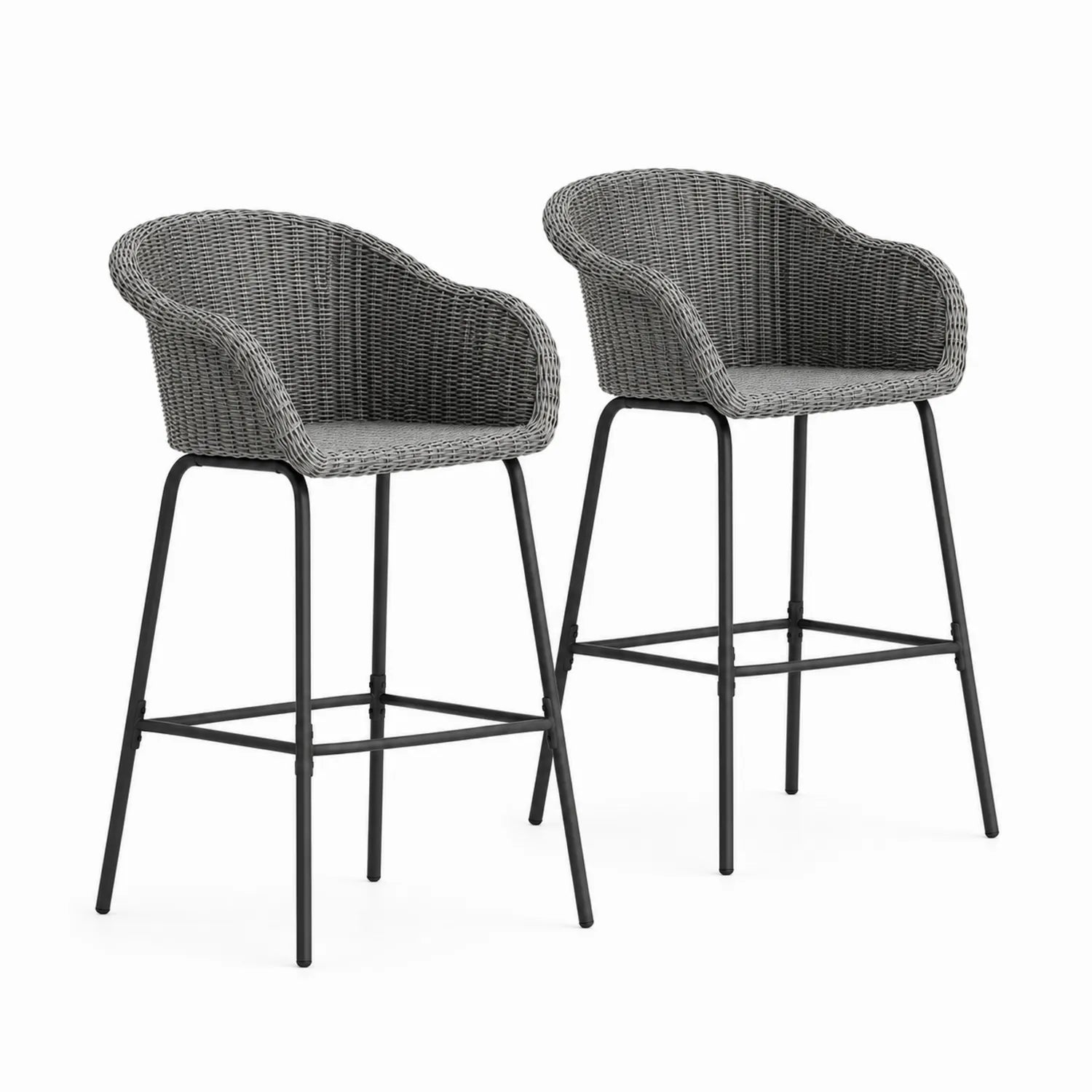 Lot de 2 chaises de bar en rotin avec pieds en acier Noir 110cm Gris