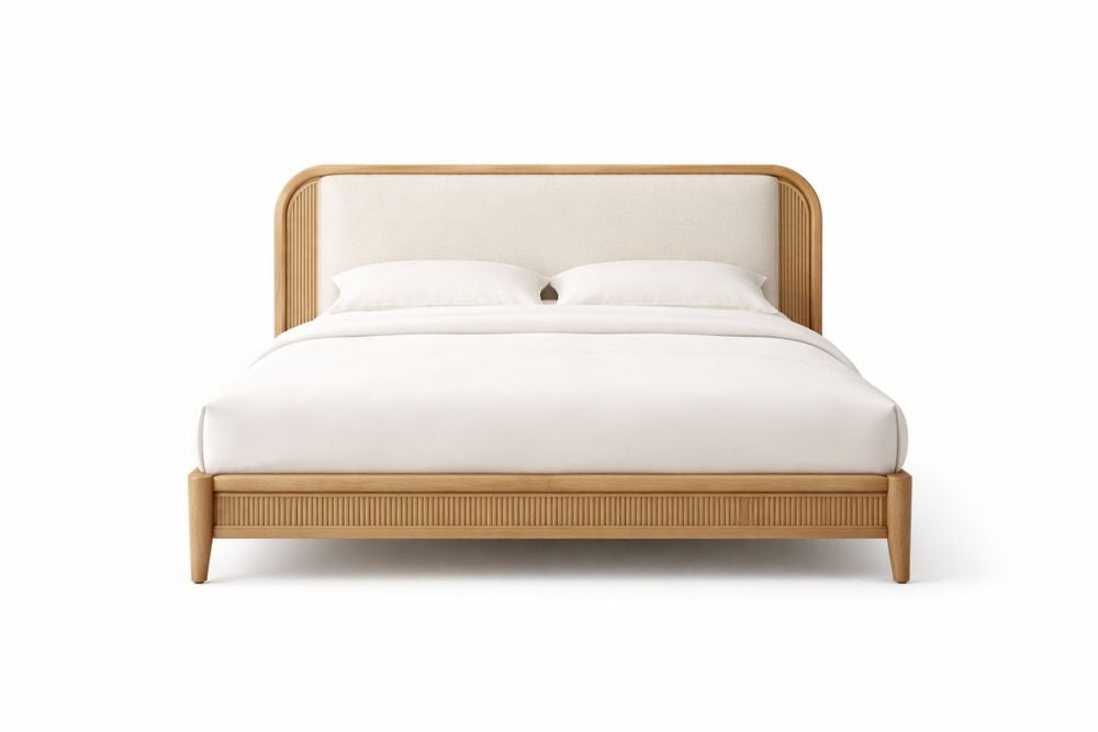 Wooden Bed Frame with Polyester Upholstered Headboard King Size Natural