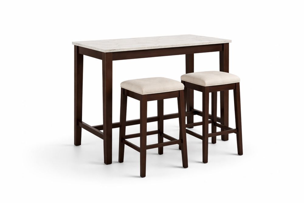 Dining Table Set with Marble-Look Top and Two Padded Stools