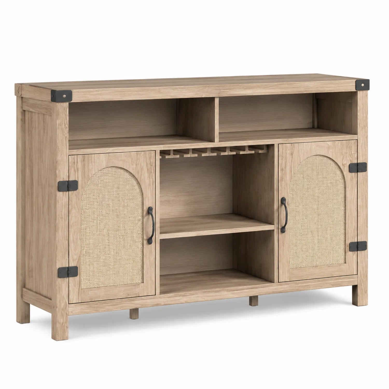 Buffet en bois avec portes en rotin et porte-bouteilles