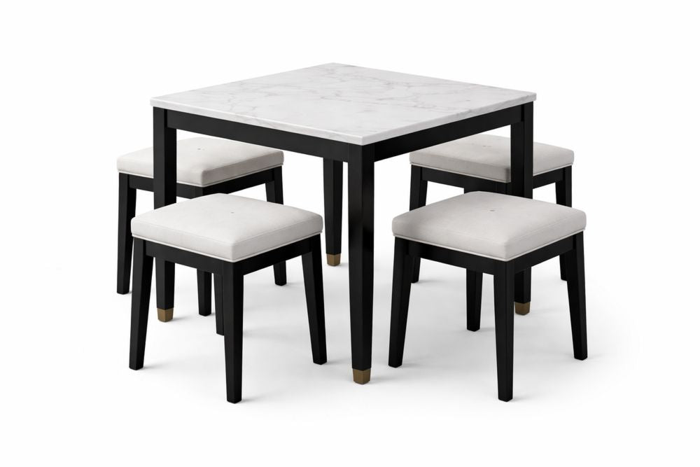Square Marble Table and Chair Set with Polyester Upholstered Seats