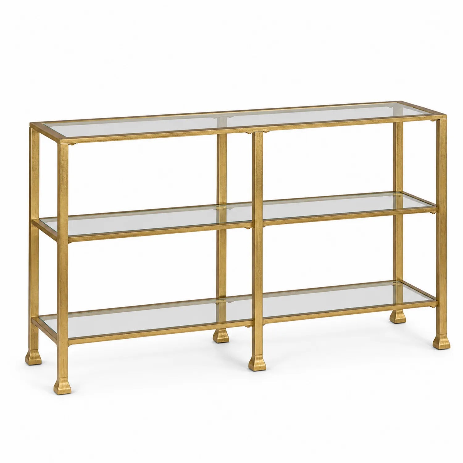 Console en métal doré avec étagères en verre