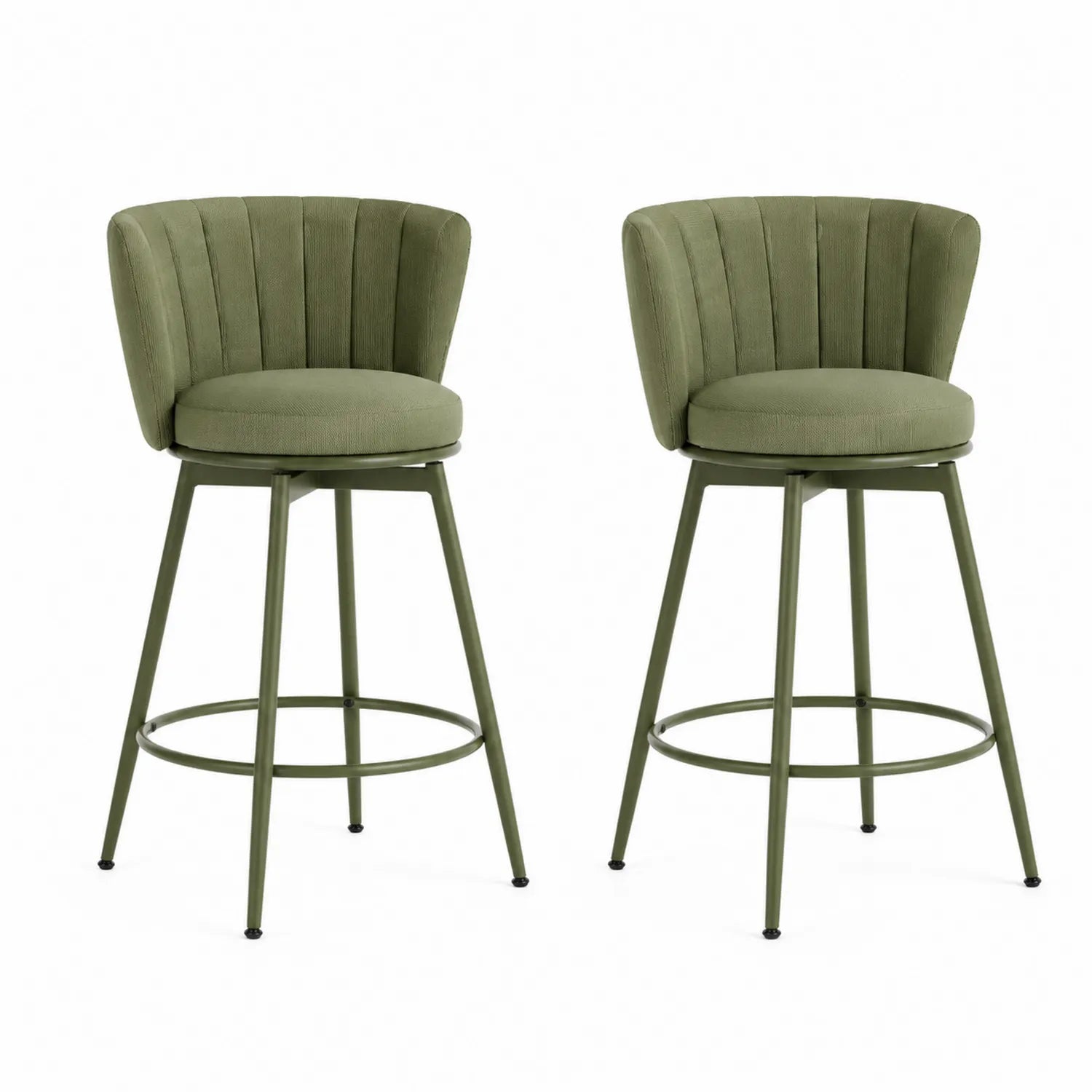 Tabourets de bar pivotants en métal et tissu vert olive, ensemble de 2