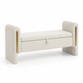 Banc de rangement en bois et tissu bouclé avec détails métalliques, Crème/Doré