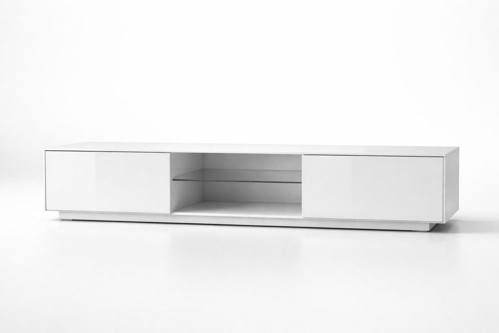 White MDF TV Stand with Tempered Glass Shelf and 2 Compartments Length x 152 cm Width 38 cm x Height 46 cm