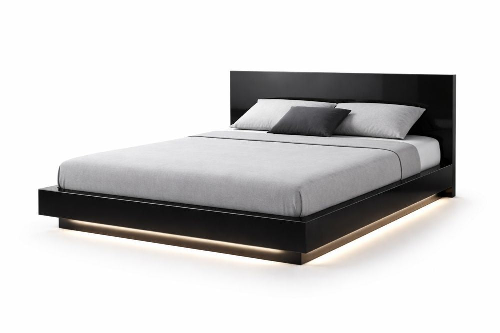 Queen Platform Bed with Black Finish and LED Lighting MDF