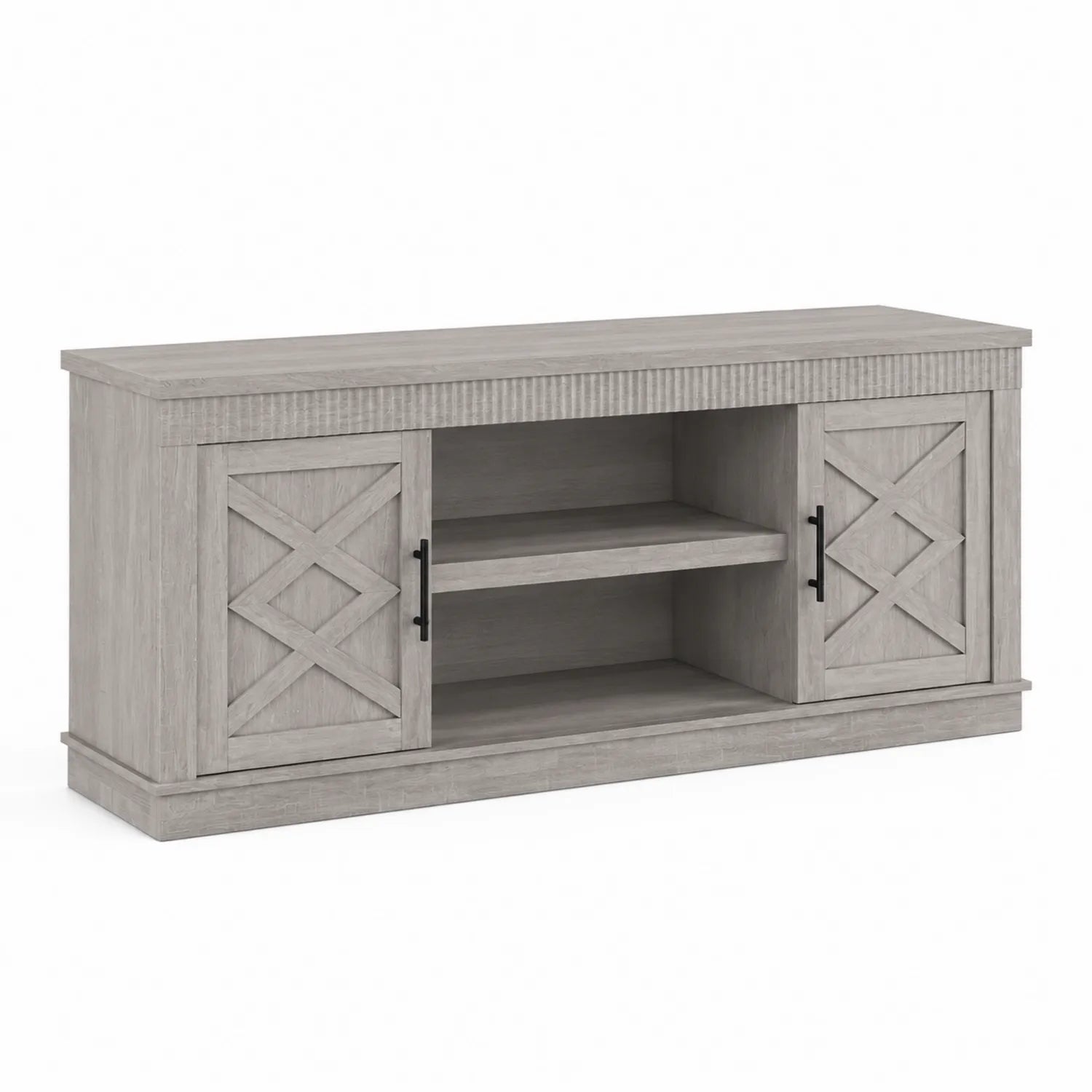 Meuble TV en bois gris avec portes battantes et étagères