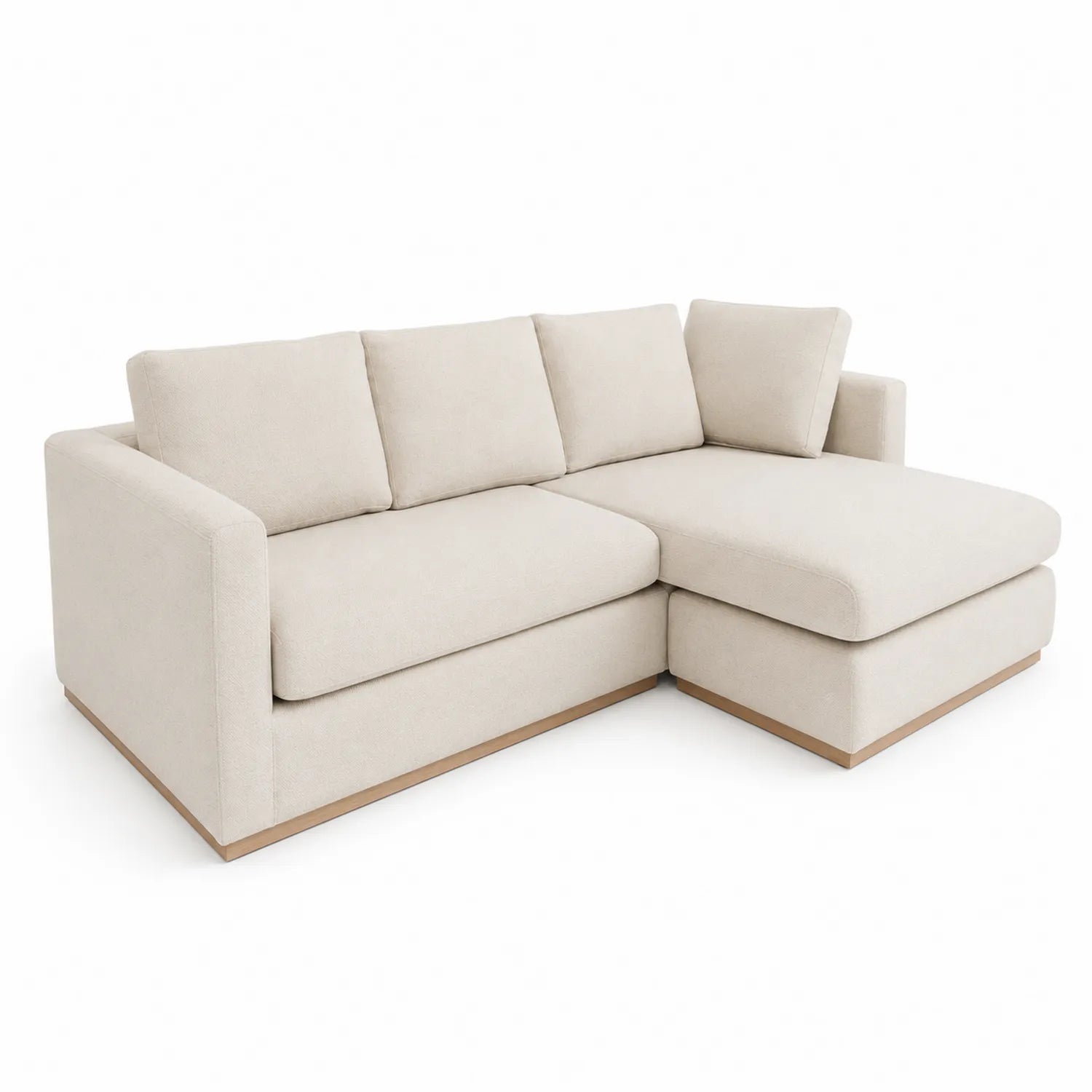 Sofá esquinero de tela con chaise longue de madera