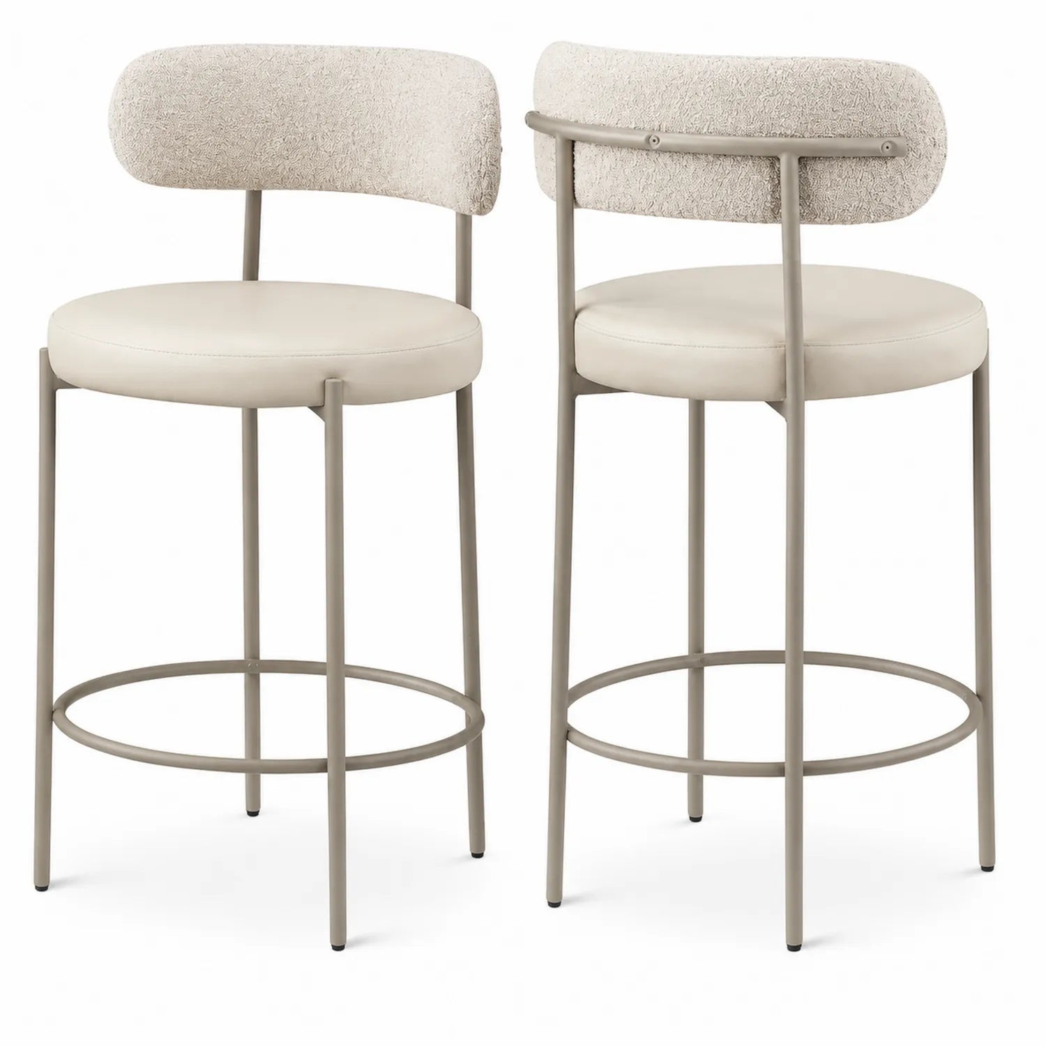 Tabourets de bar en métal avec assise beige et dossier en tissu bouclé, 2 pièces